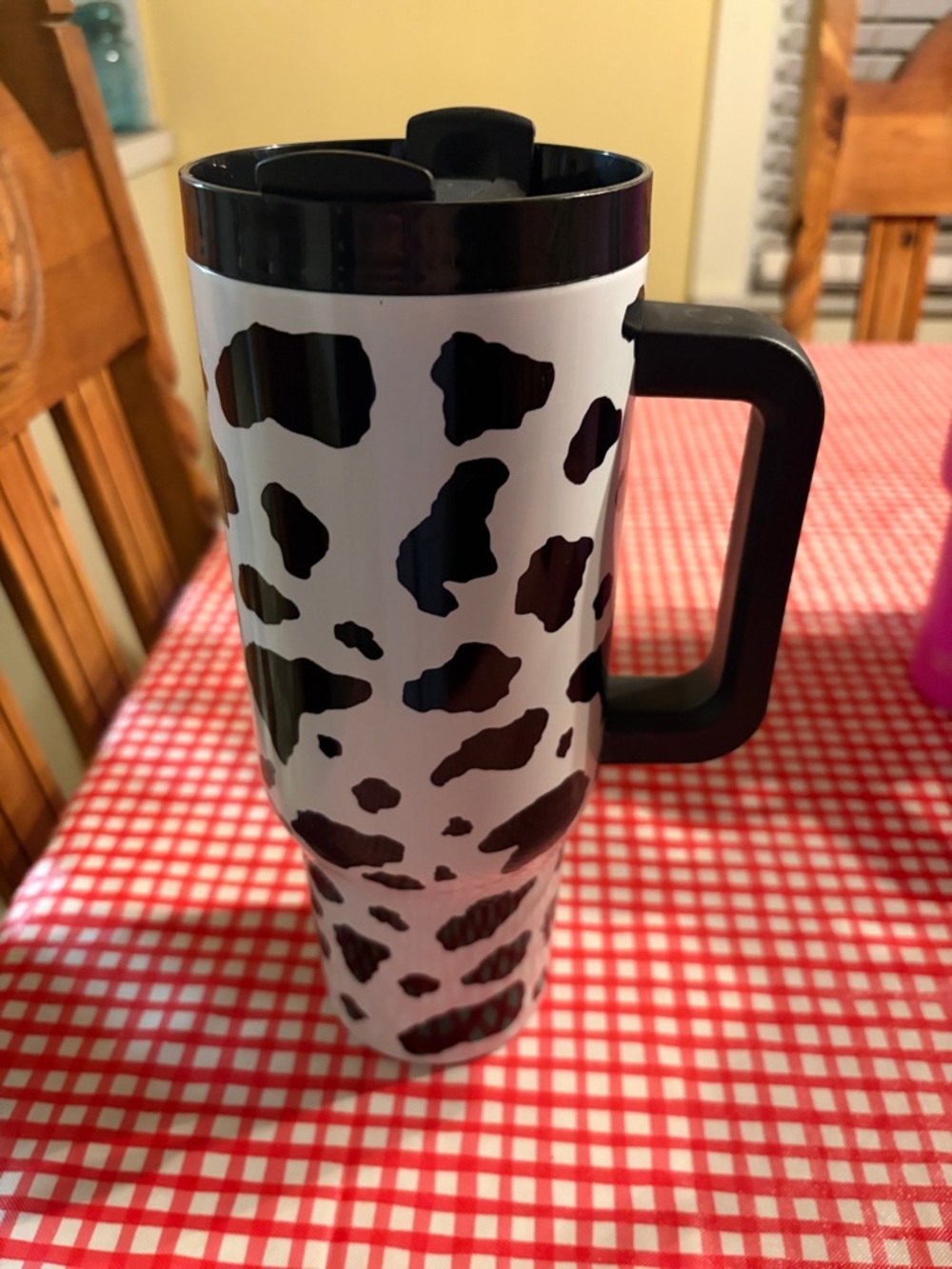 Black and White Cow Print Travel Mug with Handle 40oz